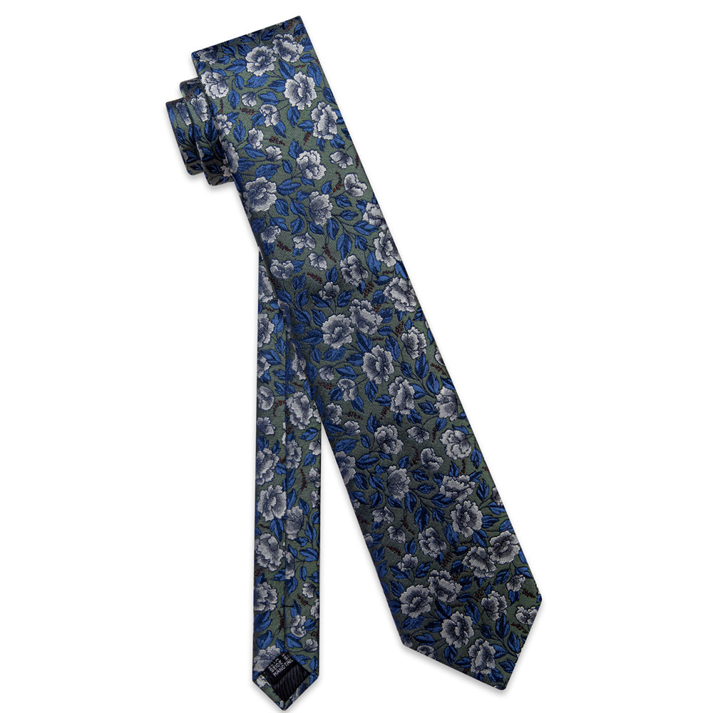 YourTies Green Necktie Blue Jacquard Floral Tie Hanky Cufflinks Set