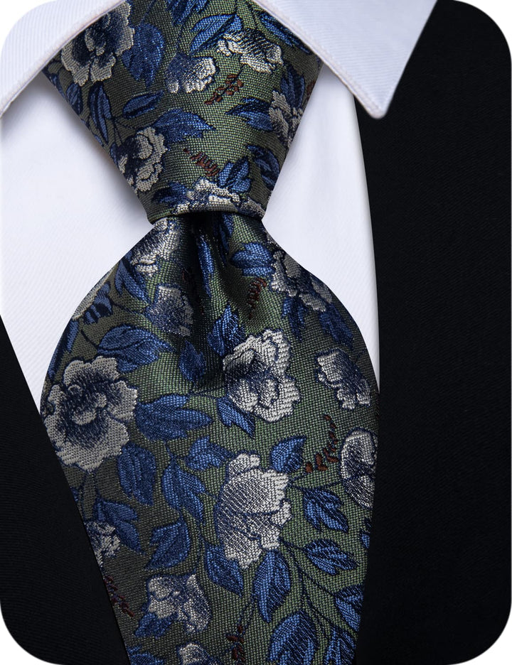 Blue Green Mens Silk Necktie Floral Brooch Metal Tie Bar Set