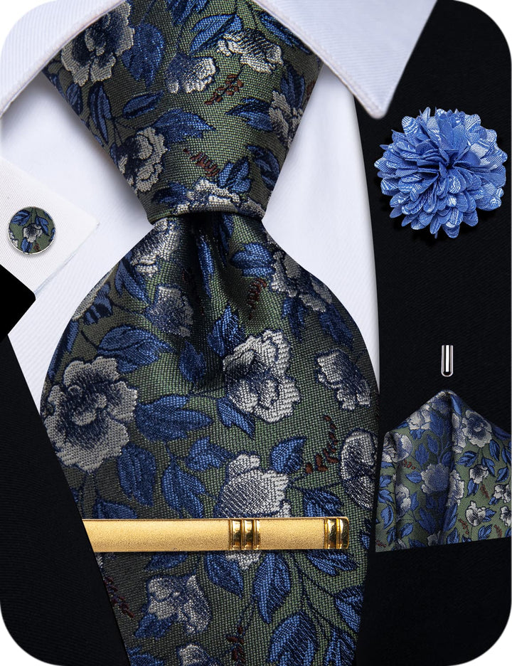 Blue Green Mens Silk Necktie Floral Brooch Metal Tie Bar Set