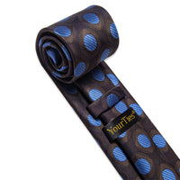 YourTies Mens Brown Necktie Blue Polka Dots Tie Hanky Cufflinks Set