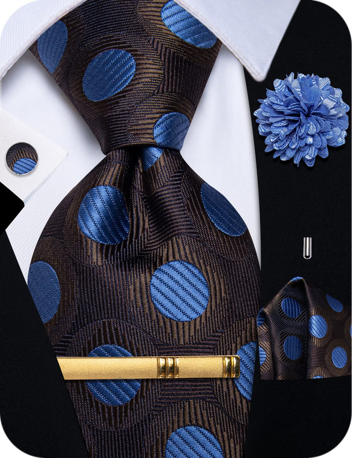  Brown Tie Blue Dots Necktie Floral Brooch Metal Tie Bar Set