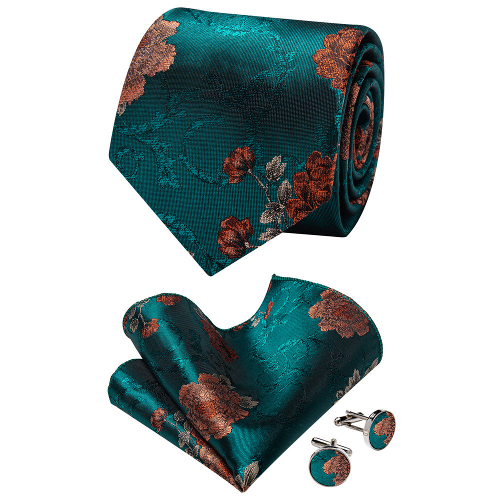 YourTies Teal Necktie Brown Orange Floral Mens Tie Hanky Cufflinks Set