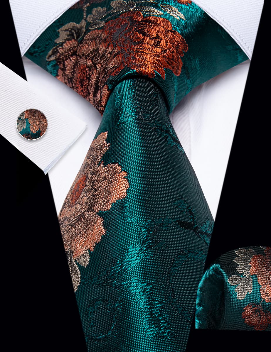 YourTies Teal Necktie Brown Orange Floral Mens Tie Hanky Cufflinks Set