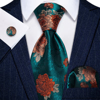 YourTies Teal Necktie Brown Orange Floral Mens Tie Hanky Cufflinks Set