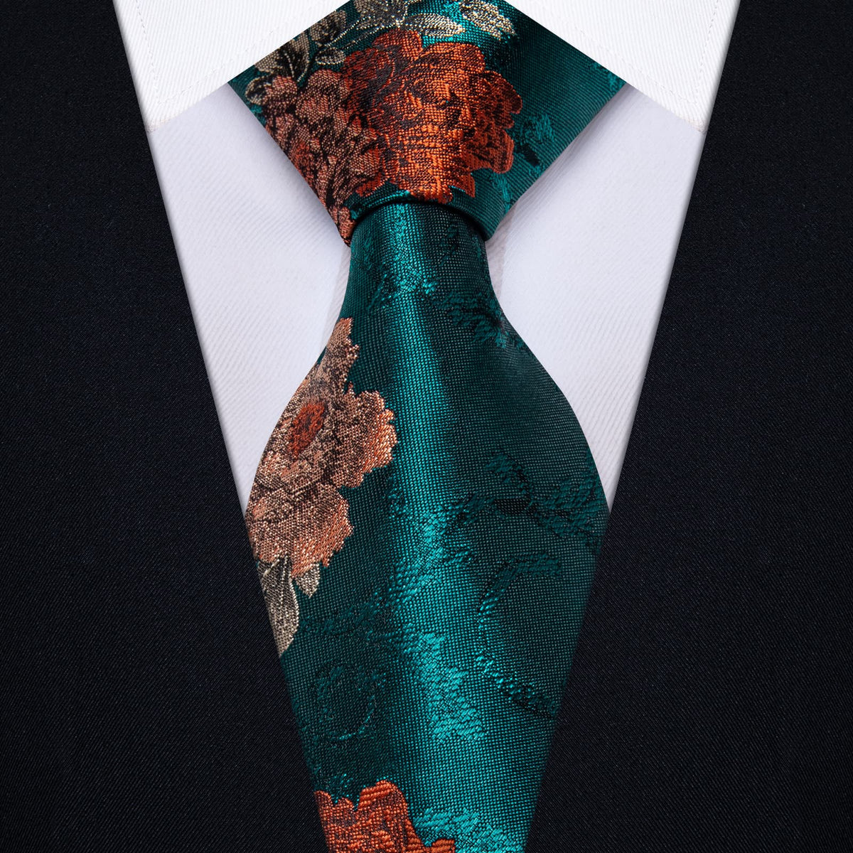 YourTies Teal Necktie Brown Orange Floral Mens Tie Hanky Cufflinks Set