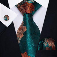 YourTies Teal Necktie Brown Orange Floral Mens Tie Hanky Cufflinks Set