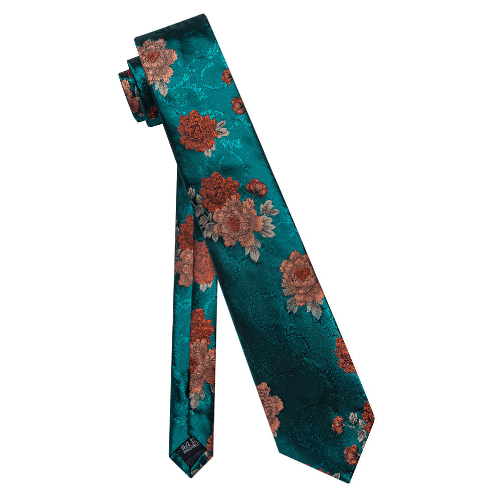 YourTies Teal Necktie Brown Orange Floral Mens Tie Hanky Cufflinks Set