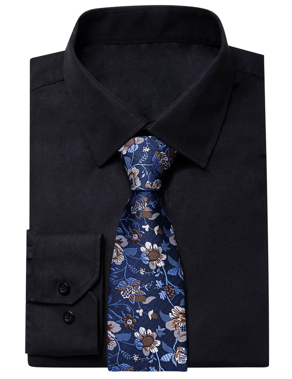 YourTies Black Solid Long Sleeve Shirt with Dark Blue Brown Floral Silk Tie for Men