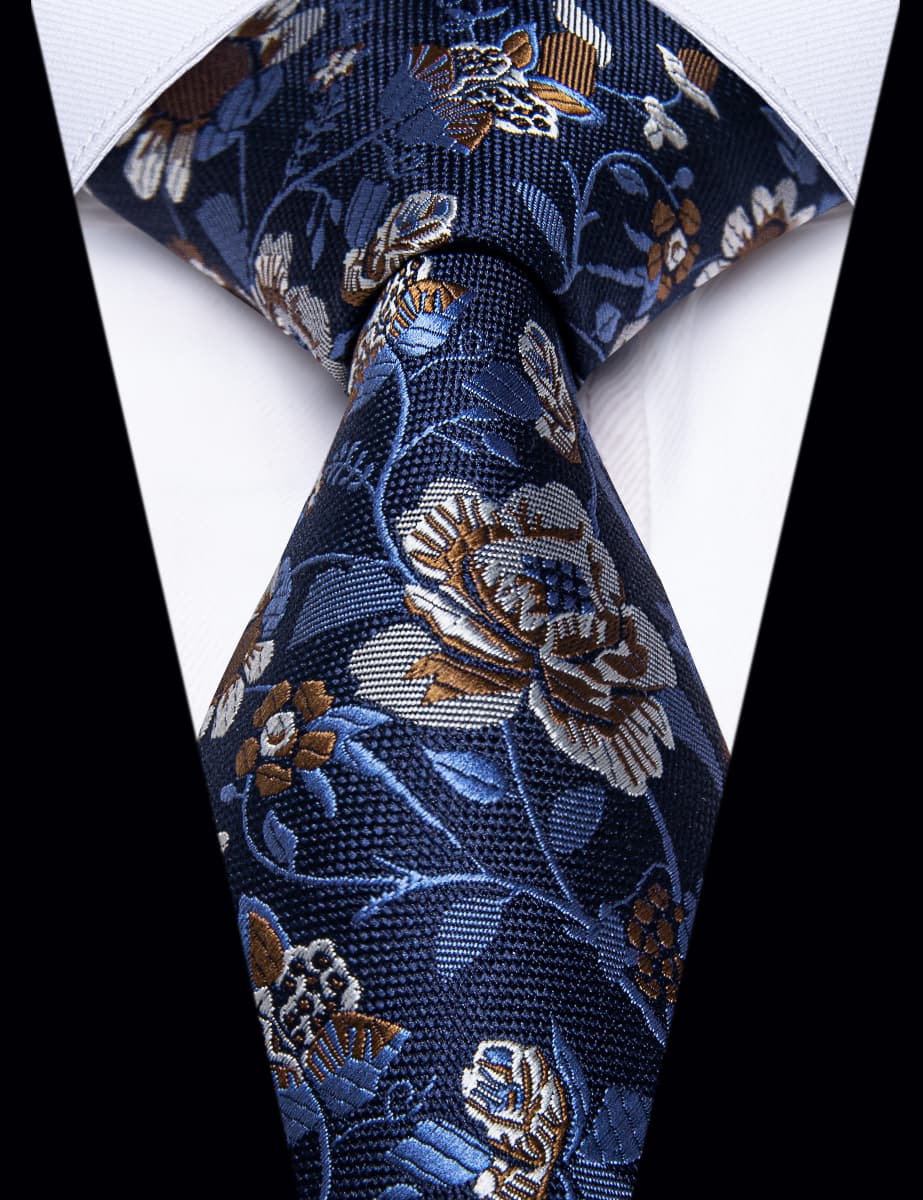 YourTies Deep Blue Tie Brown Floral Men Necktie Hanky Cufflinks Set