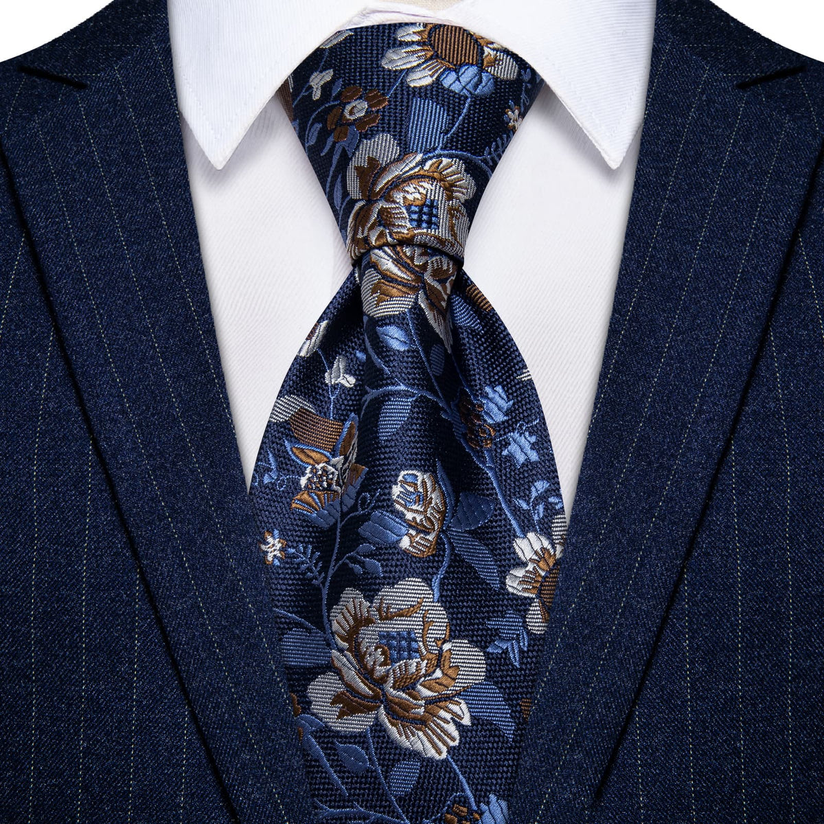 YourTies Deep Blue Tie Brown Floral Men Necktie Hanky Cufflinks Set