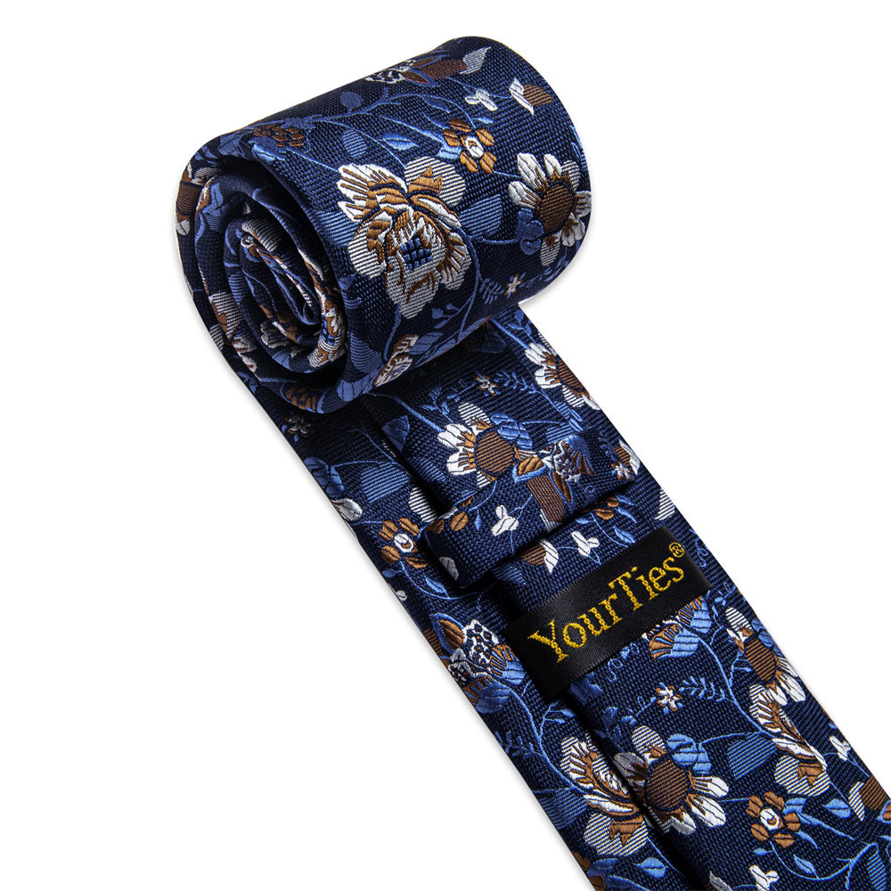 YourTies Deep Blue Ties Brown Jacquard Tie Floral Brooch Tie Bar Set