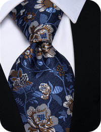 YourTies Deep Blue Tie Brown Floral Men Necktie Hanky Cufflinks Set