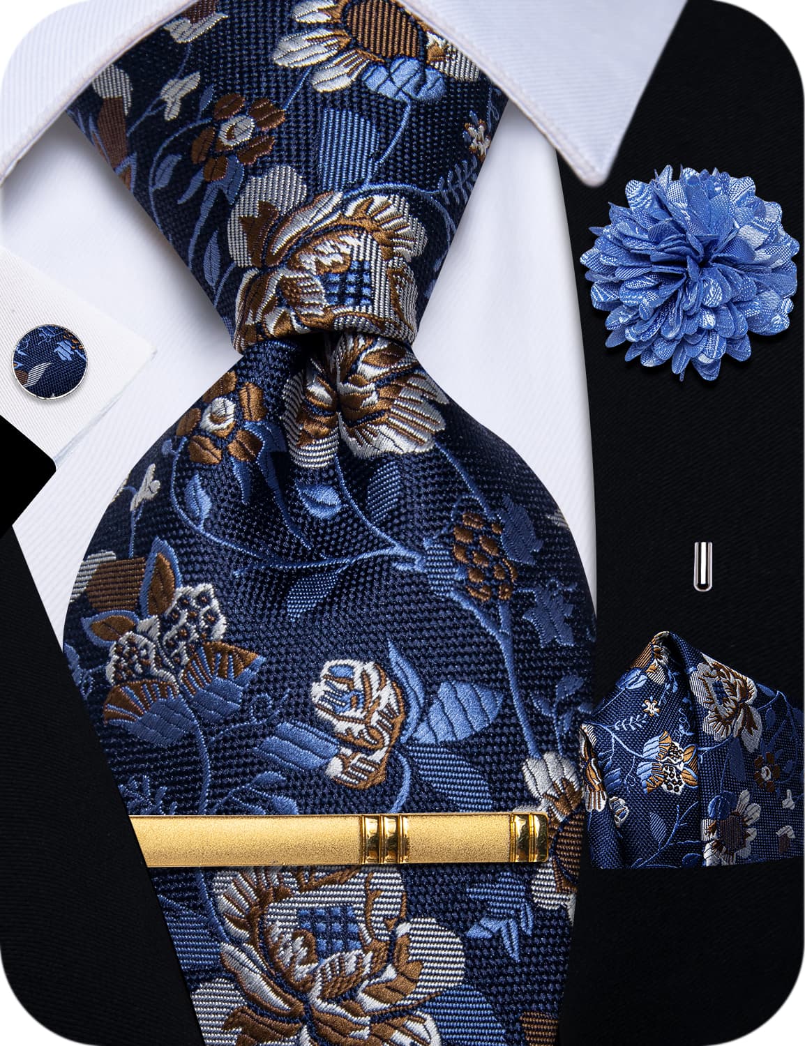 YourTies Deep Blue Ties Brown Jacquard Tie Floral Brooch Tie Bar Set