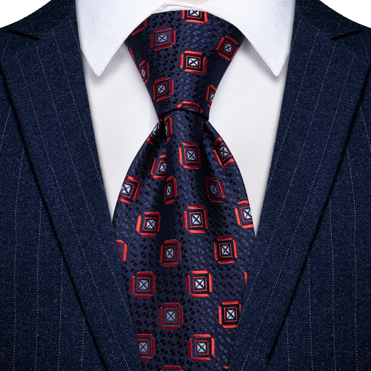 YourTies Dark Blue Necktie Red Geometric Mens Tie Hanky Cufflinks Set