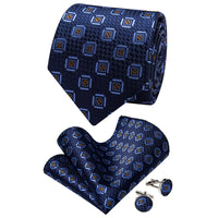 YourTies Dark Blue Necktie Gold Geometric Mens Tie Hanky Cufflinks Set