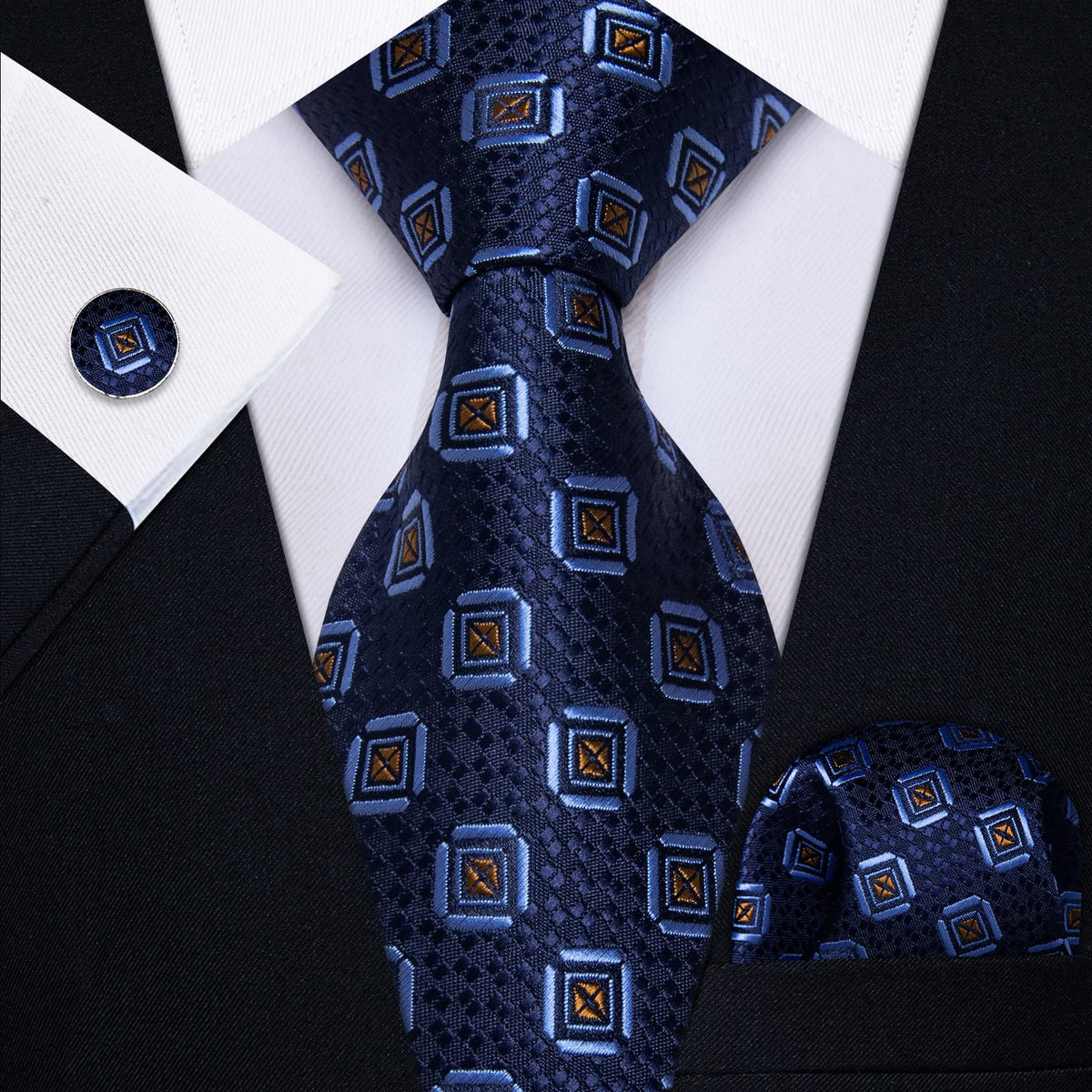 Blue Tie Sky Blue Pattern Necktie Floral Brooch Tie Bar Set