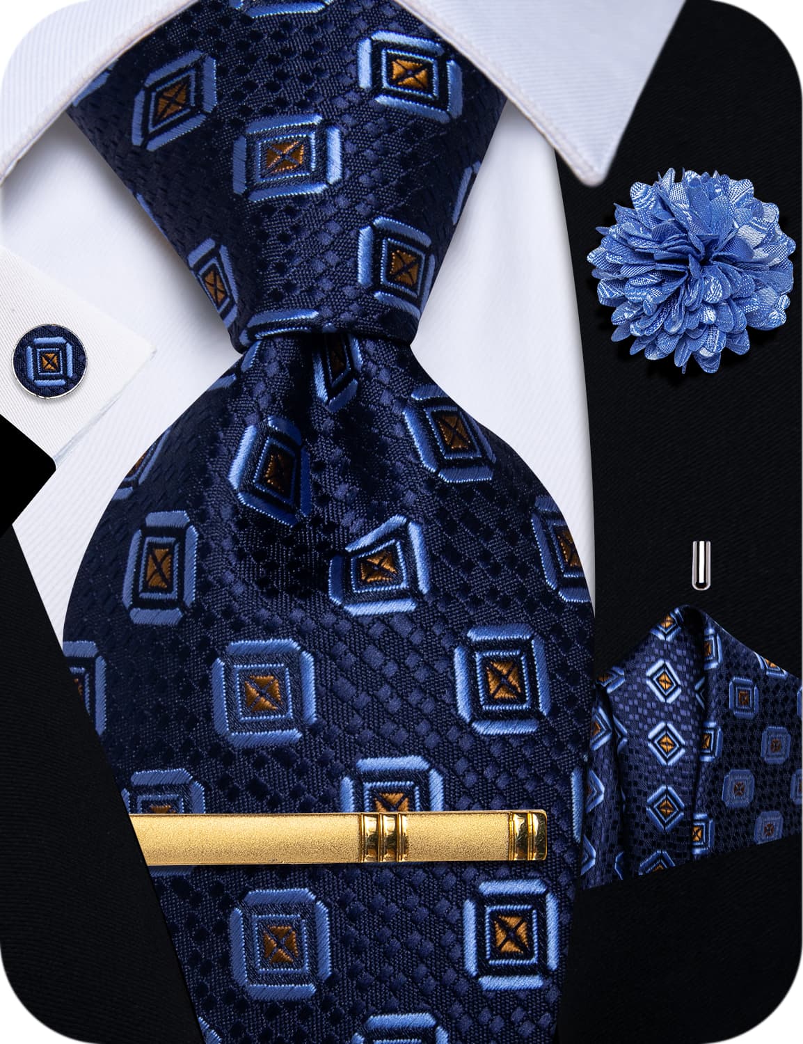 Blue Tie Sky Blue Pattern Necktie Floral Brooch Tie Bar Set