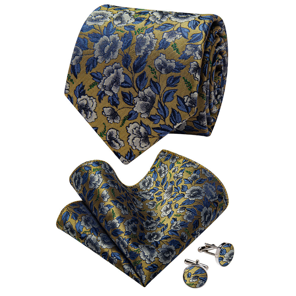 YourTies Dark Tan Necktie Blue Jacquard Tie Floral Brooch Tie Bar Set