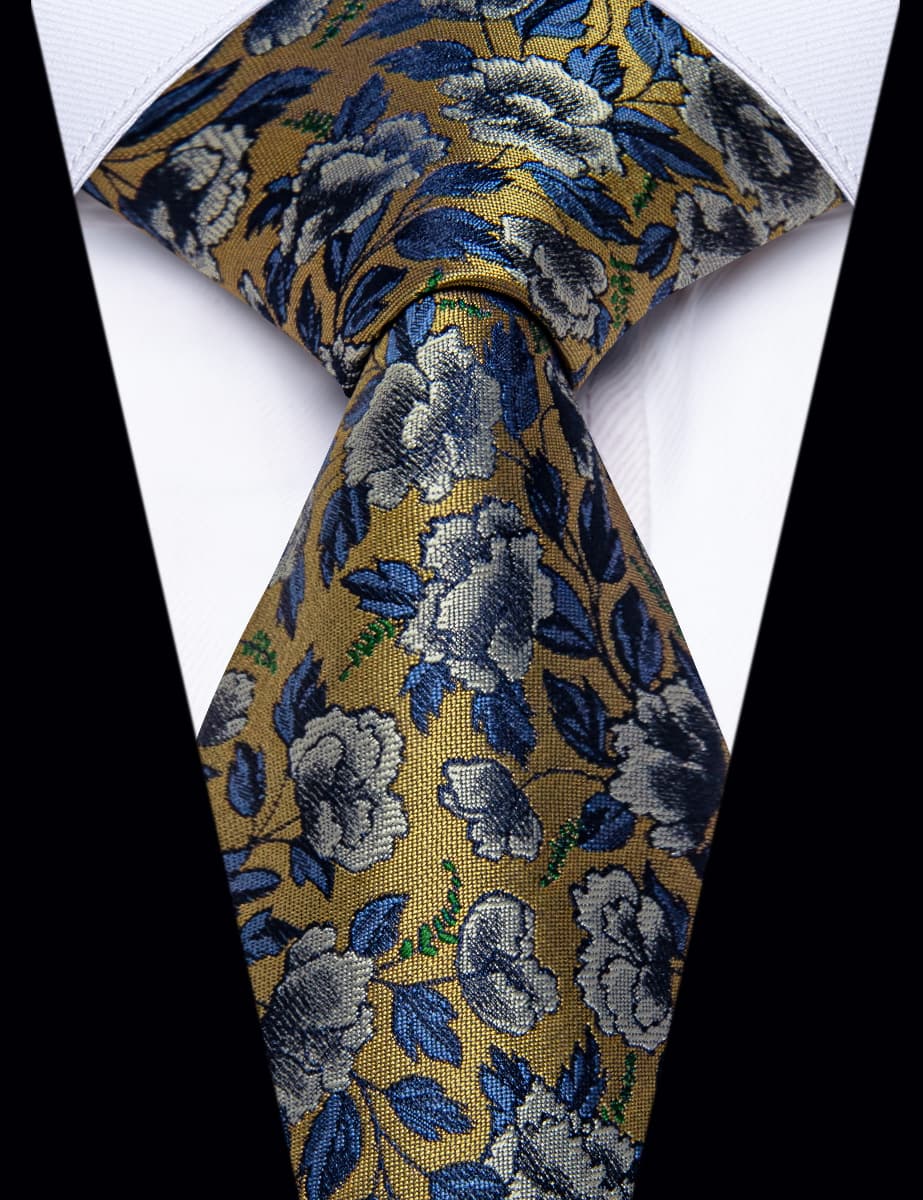 YourTies Dark Tan Necktie Blue Jacquard Tie Floral Brooch Tie Bar Set