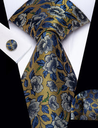 YourTies Dark Tan Necktie Blue Jacquard Tie Floral Brooch Tie Bar Set