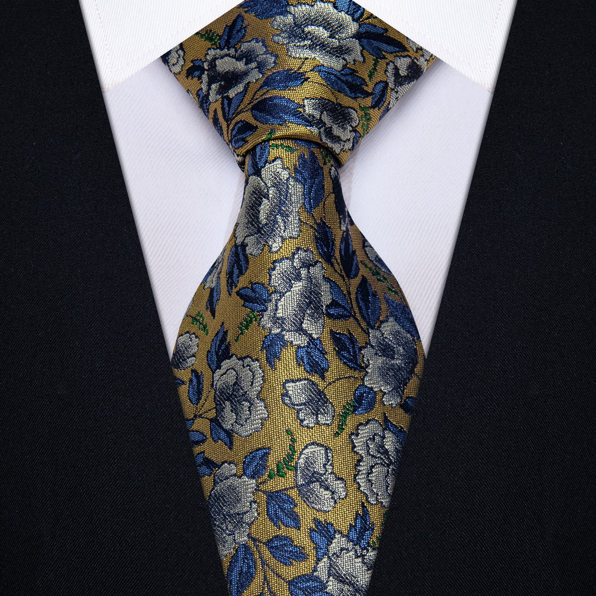 YourTies Dark Tan Necktie Blue Jacquard Tie Floral Brooch Tie Bar Set