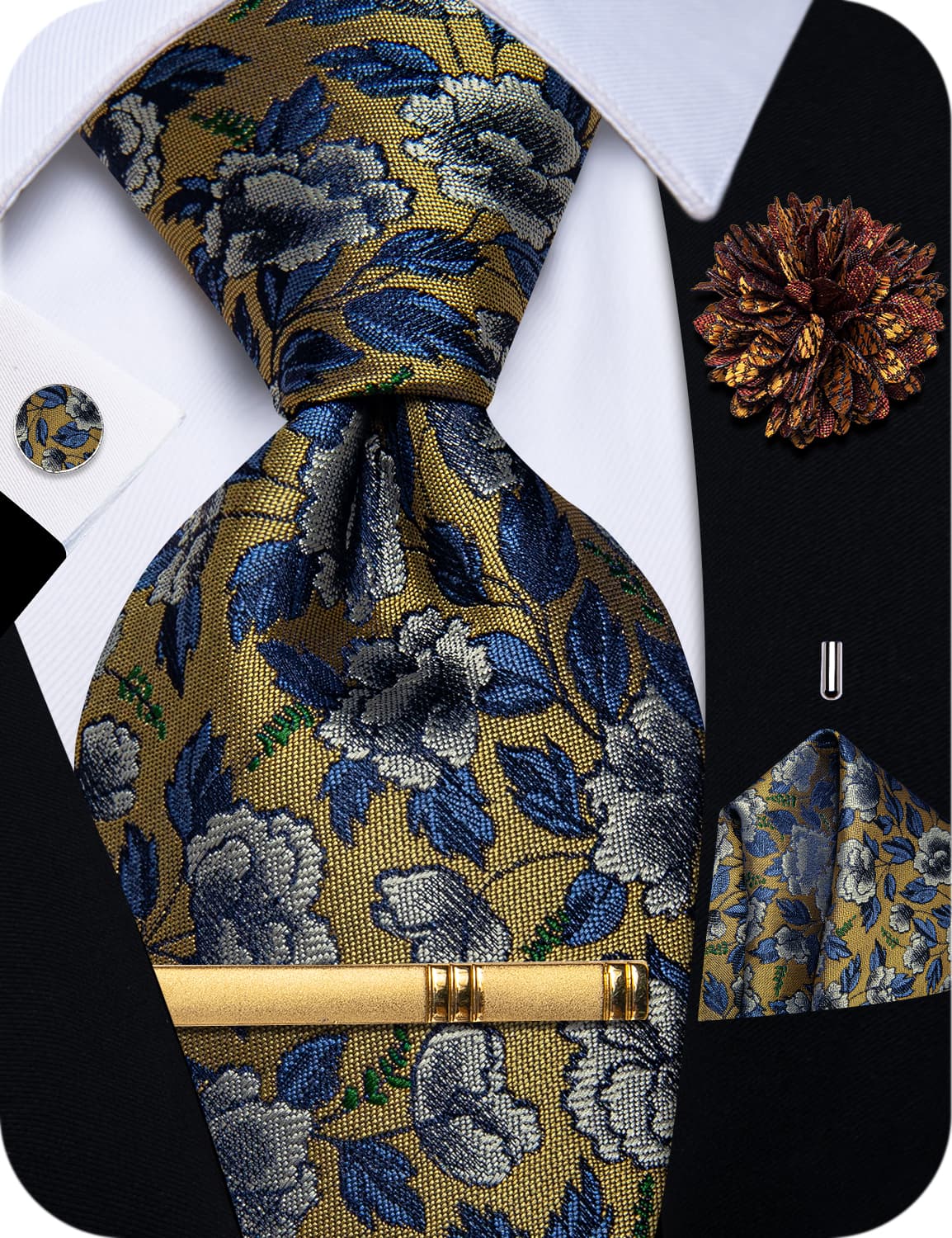 YourTies Dark Tan Necktie Blue Jacquard Tie Floral Brooch Tie Bar Set