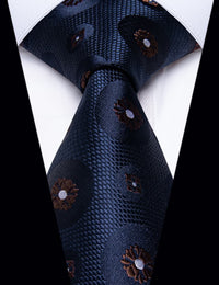 YourTies Deep Blue Neckties Brown Floral Mens Tie Hanky Cufflinks Set