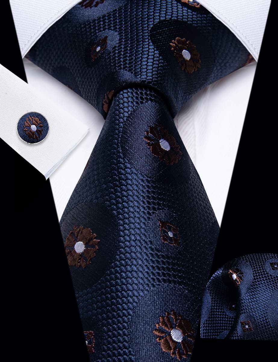 YourTies Deep Blue Neckties Brown Floral Mens Tie Hanky Cufflinks Set