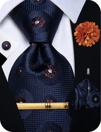 YourTies Midnight Blue Necktie Brown Floral Tie Brooch Tie Bar Set