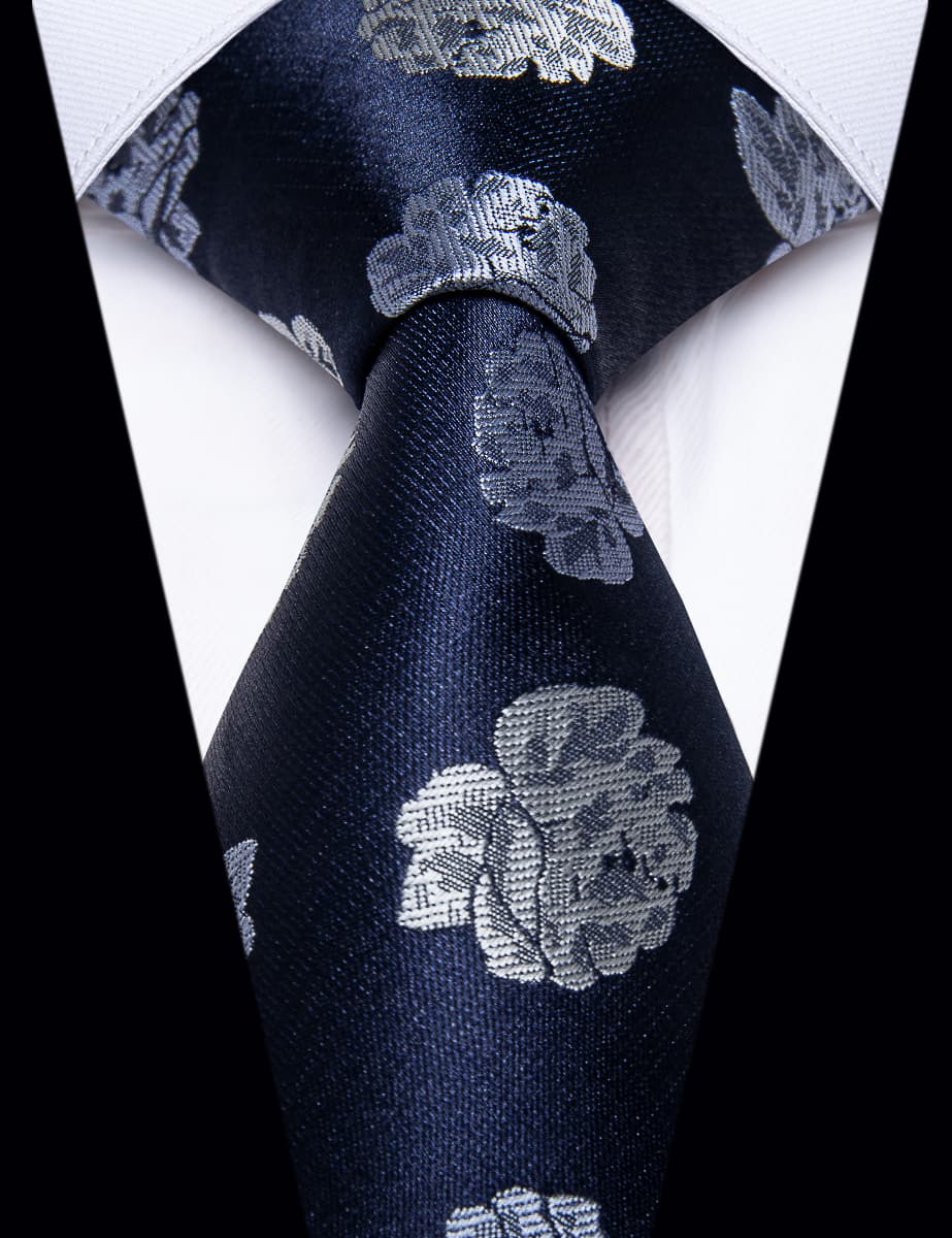 YourTies Midnight Blue Necktie Grey Floral Men Tie Brooch Tie Bar Set