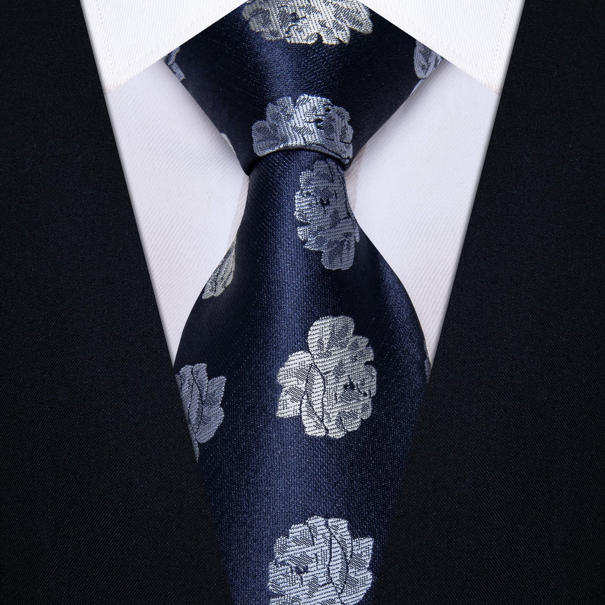 YourTies Deep Blue Neckties Grey Roses Floral Tie Hanky Cufflinks Set