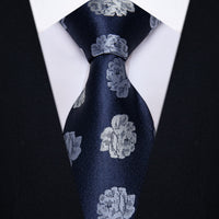 YourTies Midnight Blue Necktie Grey Floral Men Tie Brooch Tie Bar Set