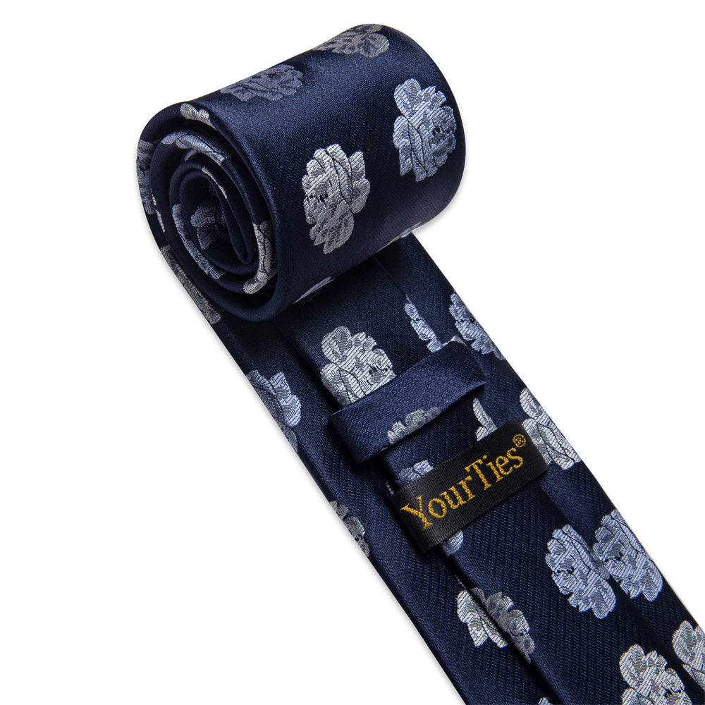 YourTies Midnight Blue Necktie Grey Floral Men Tie Brooch Tie Bar Set