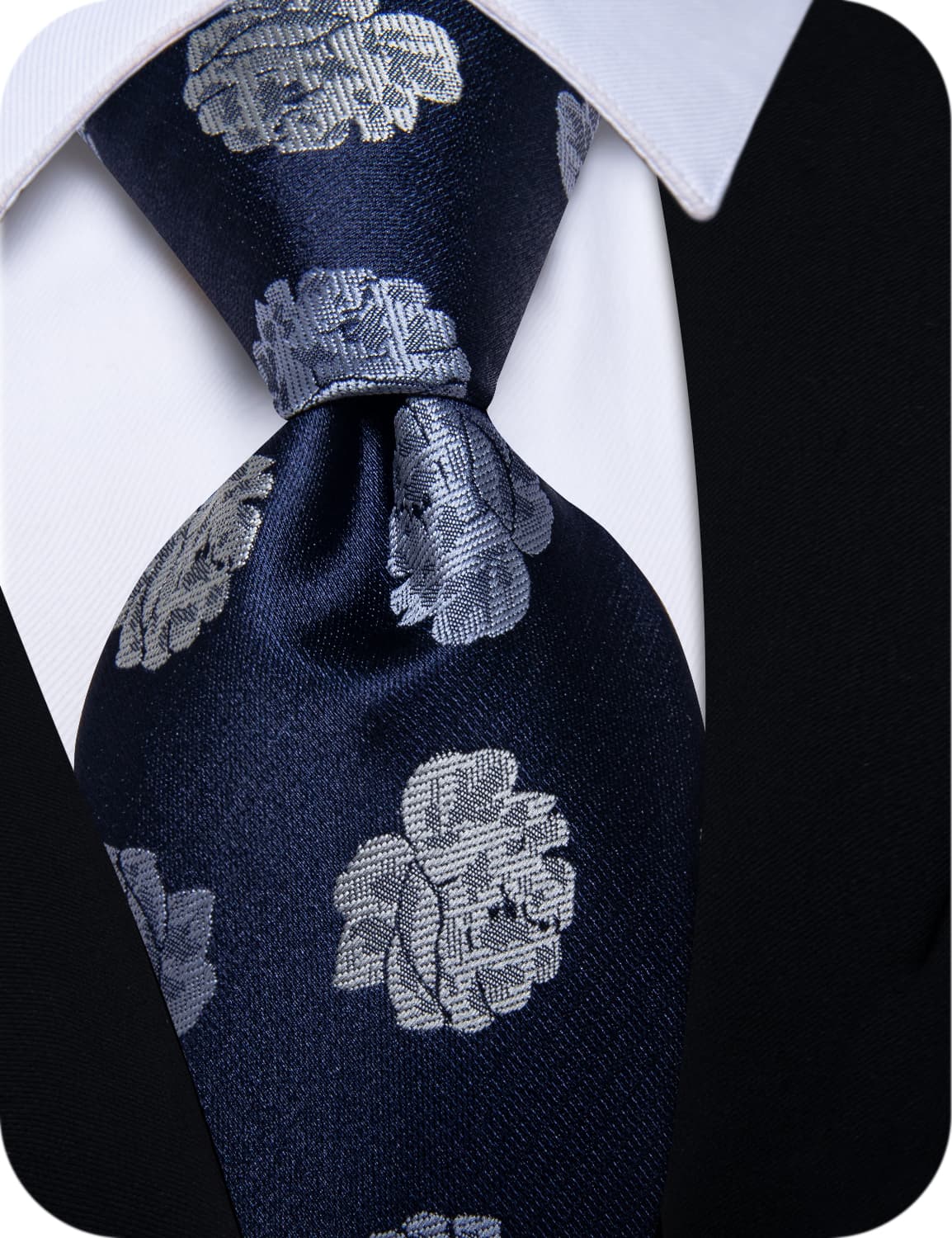 YourTies Deep Blue Neckties Grey Roses Floral Tie Hanky Cufflinks Set