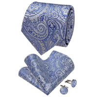 YourTies Sky Blue Neckties Cloud White Paisley Tie Hanky Cufflinks Set