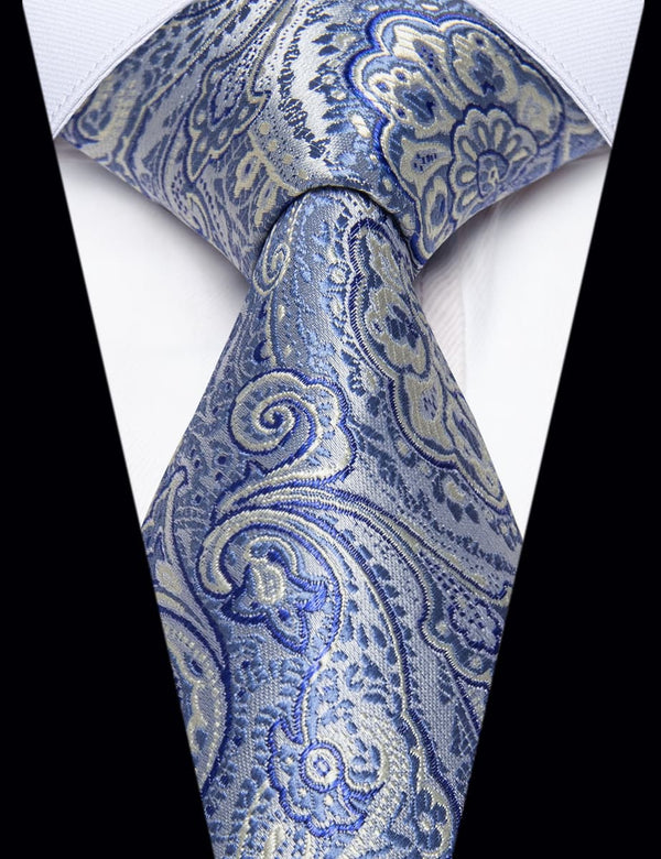 YourTies Sky Blue Neckties Cloud White Paisley Tie Hanky Cufflinks Set