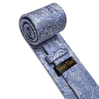 YourTies Sky Blue Neckties Cloud White Paisley Tie Hanky Cufflinks Set