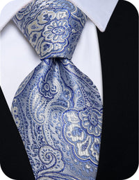 YourTies Sky Blue Neckties Cloud White Paisley Tie Hanky Cufflinks Set