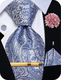 YourTies Sky Blue Necktie White Floral Mens Tie Brooch Tie Bar Set