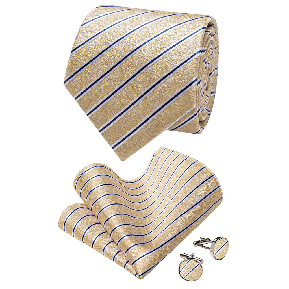 YourTies Light Yellow Neckties Blue Striped Tie Hanky Cufflinks Set