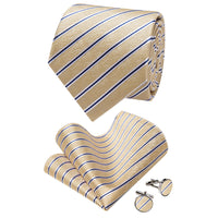 YourTies Light Yellow Neckties Blue Striped Tie Hanky Cufflinks Set