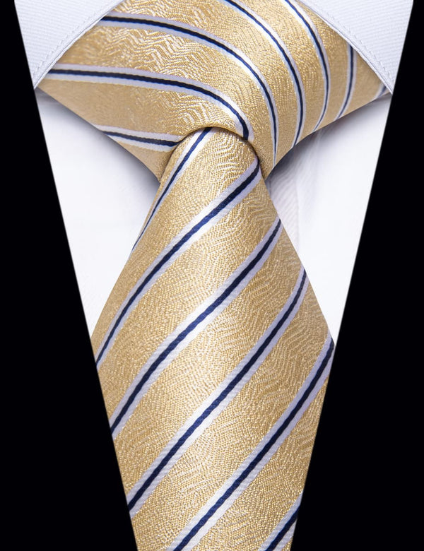 YourTies Light Yellow Neckties Blue Striped Tie Hanky Cufflinks Set