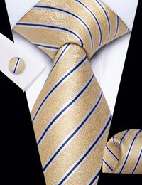 YourTies Light Yellow Neckties Blue Striped Tie Hanky Cufflinks Set