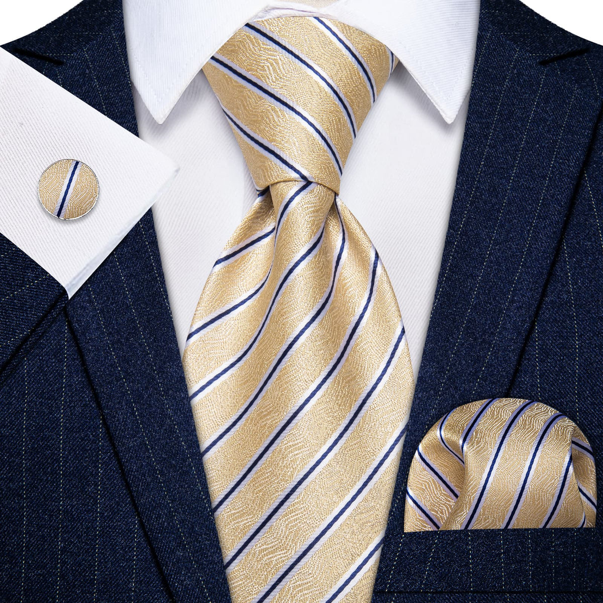 YourTies Light Yellow Neckties Blue Striped Tie Hanky Cufflinks Set