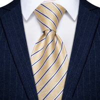 YourTies Light Yellow Neckties Blue Striped Tie Hanky Cufflinks Set