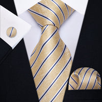 YourTies Light Yellow Neckties Blue Striped Tie Hanky Cufflinks Set