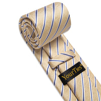 YourTies Light Yellow Neckties Blue Striped Tie Hanky Cufflinks Set