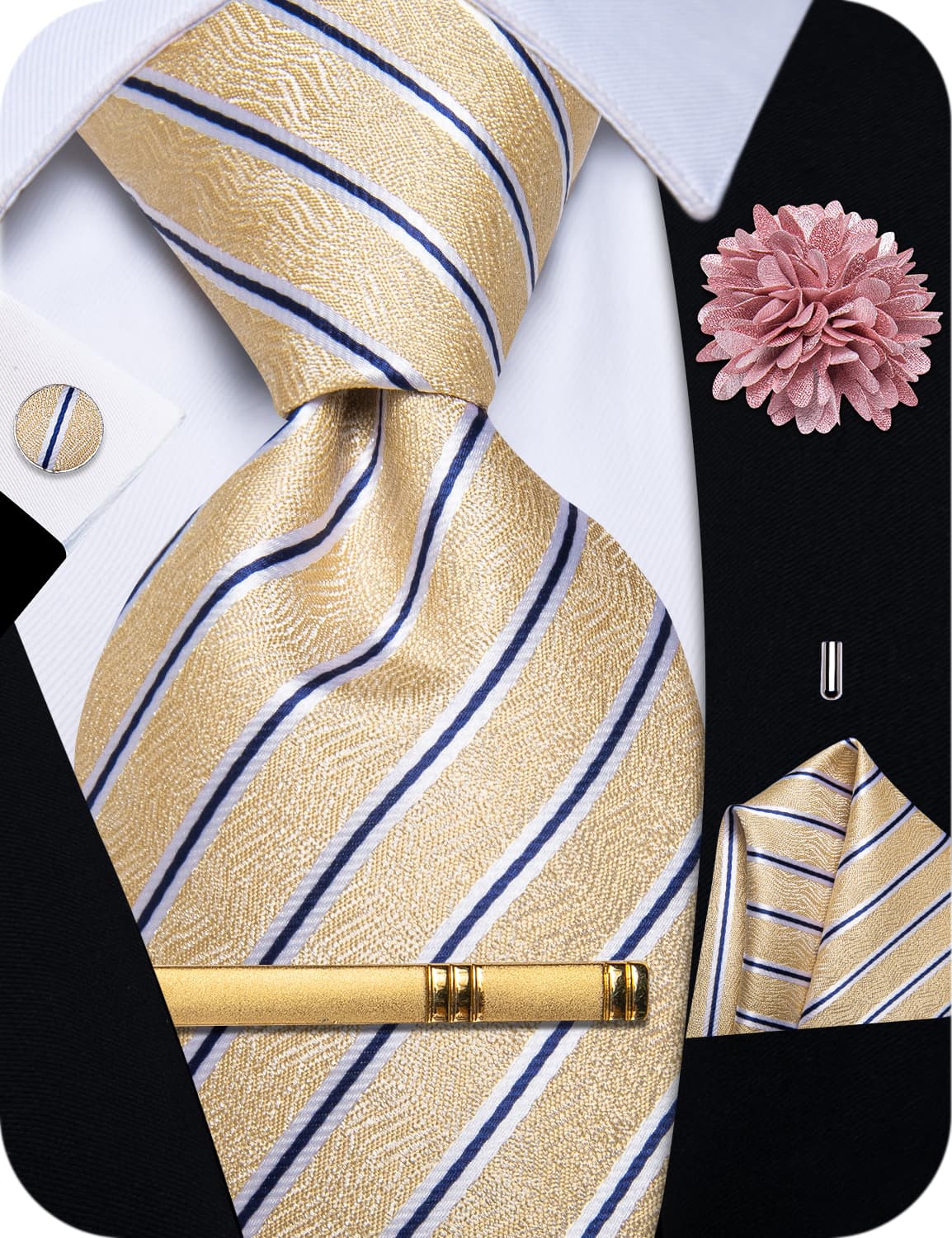 YourTies Wheat Yellow Necktie Blue Stripes Men Tie Brooch Tie Bar Set