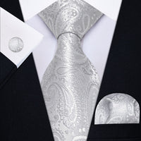 YourTies Light Grey Necktie Paisley Mens Silk Tie Brooch Tie Bar Set