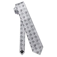 YourTies Grey Silver Checkered Necktie Silk Tie Brooch Tie Bar Set